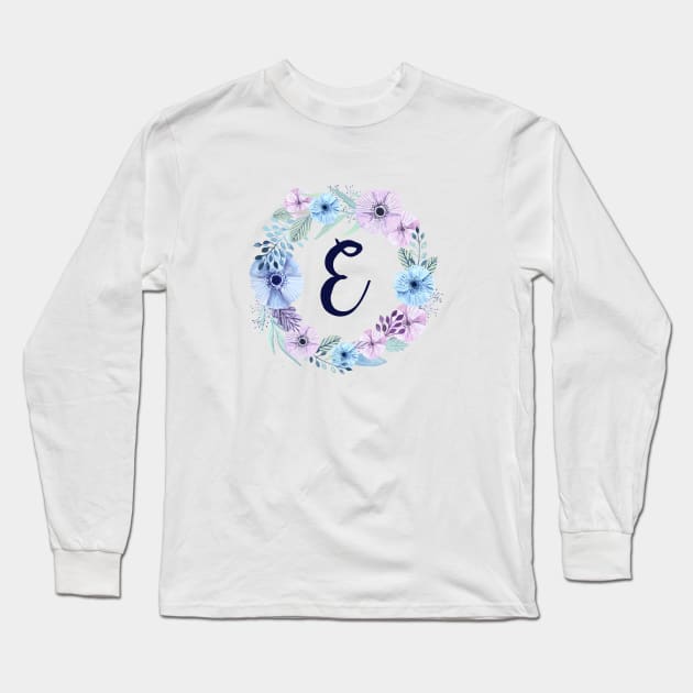 Floral Monogram E Icy Winter Blossoms Long Sleeve T-Shirt by floralmonogram